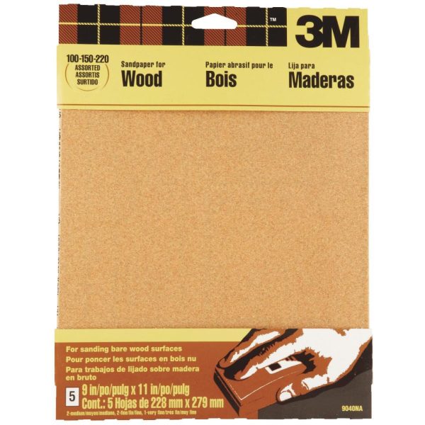 3M Bare Wood 9 In. x 11 In. 220 150 100 Grit Assorted Grade Sandpaper (5-Pack) Fashion